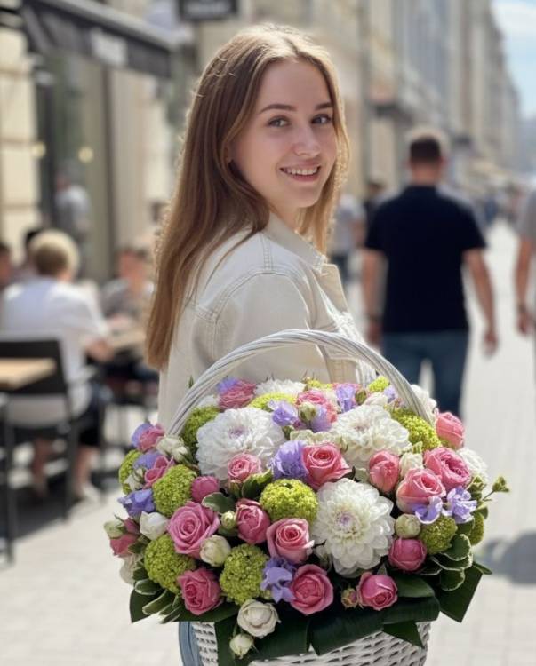 Букет с георгинами "Летняя корзинка" Букет с георгинами "Летняя корзинка"